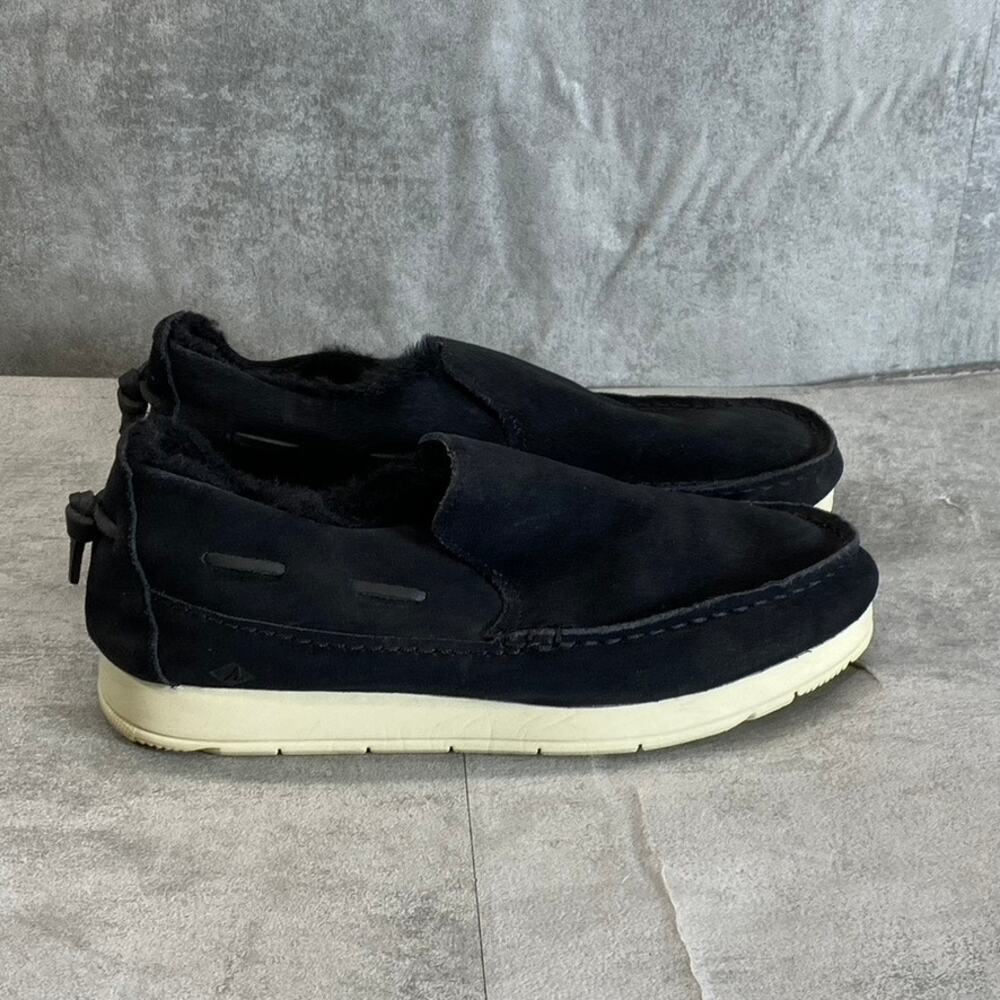 SPERRY Women's Black Suede Moc-Sider Faux-Fur Water-Resistant Slip-On Shoes SZ 7